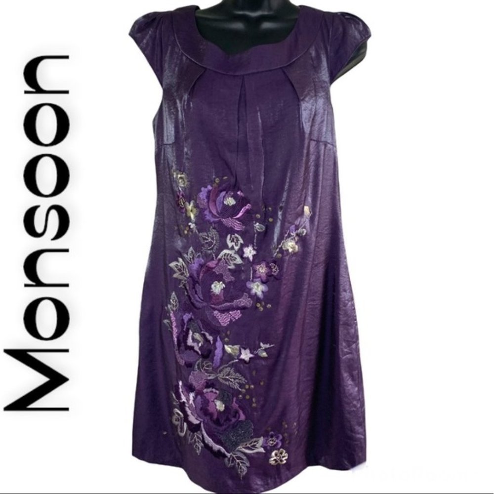 Monsoon Purple Floral Embroidered Knee Length Dress Size 10